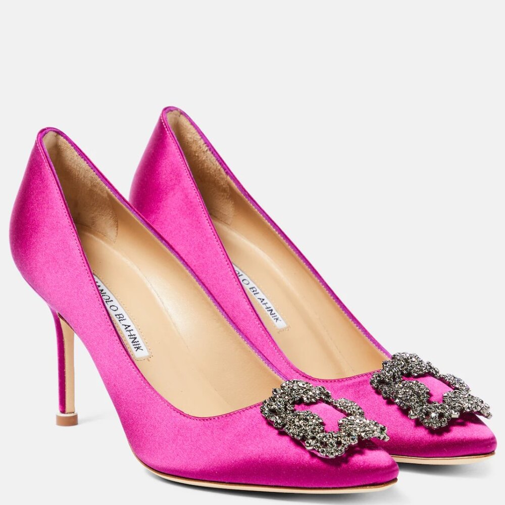 Manolo Blahnik Hangisi 90mm Crystal Satin Fuchsia Pumps Size 40.5/9.5 NWT